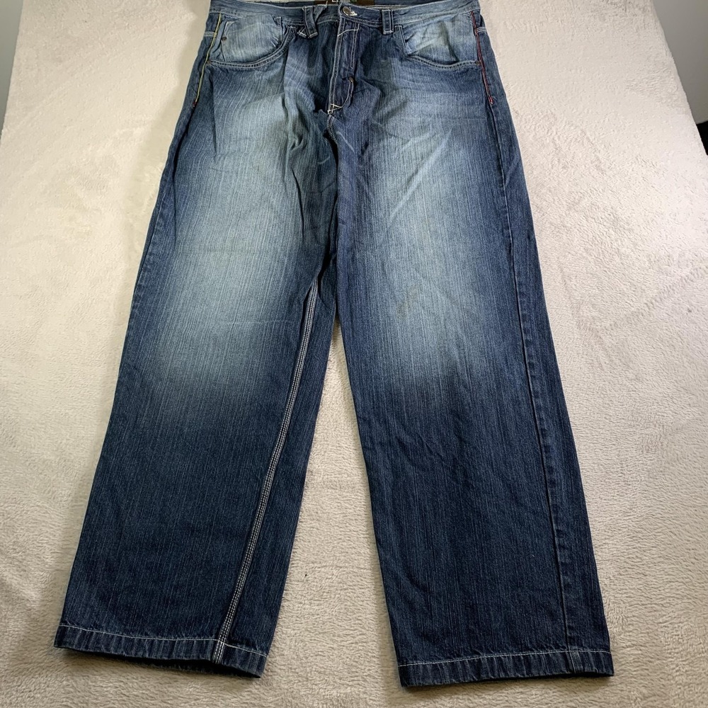 Y2K Lot 29‎ Jeans Mens 42x34 Blue Relaxed Fit Baggy Whiskers Dark Wash Vintage